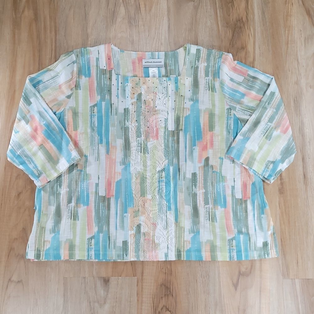 🔺️Alfred Dunner Multicolor Watercolor 3/4 Sleeve Bedazzled Top Petite XLarge